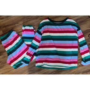 Pink Green White Winter Striped Pajama Set Size Medium